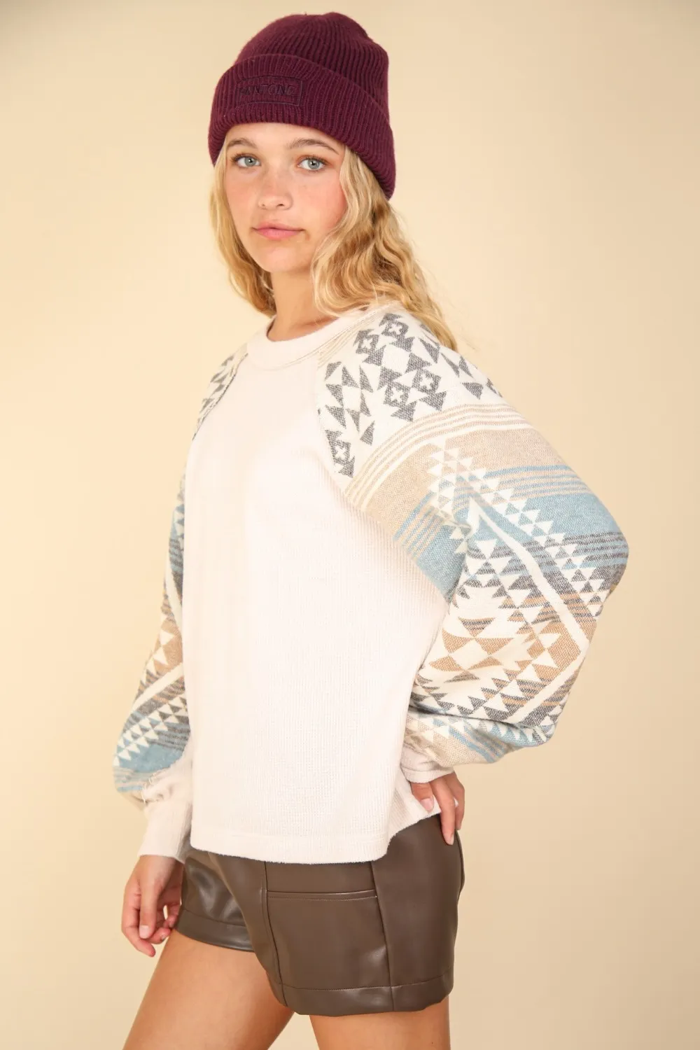 Printed Long Sleeve Round Neck Knit Top, image 3