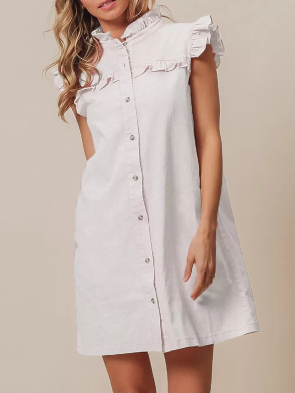 Ruffled Trim Button-Down Denim Dress, image 5