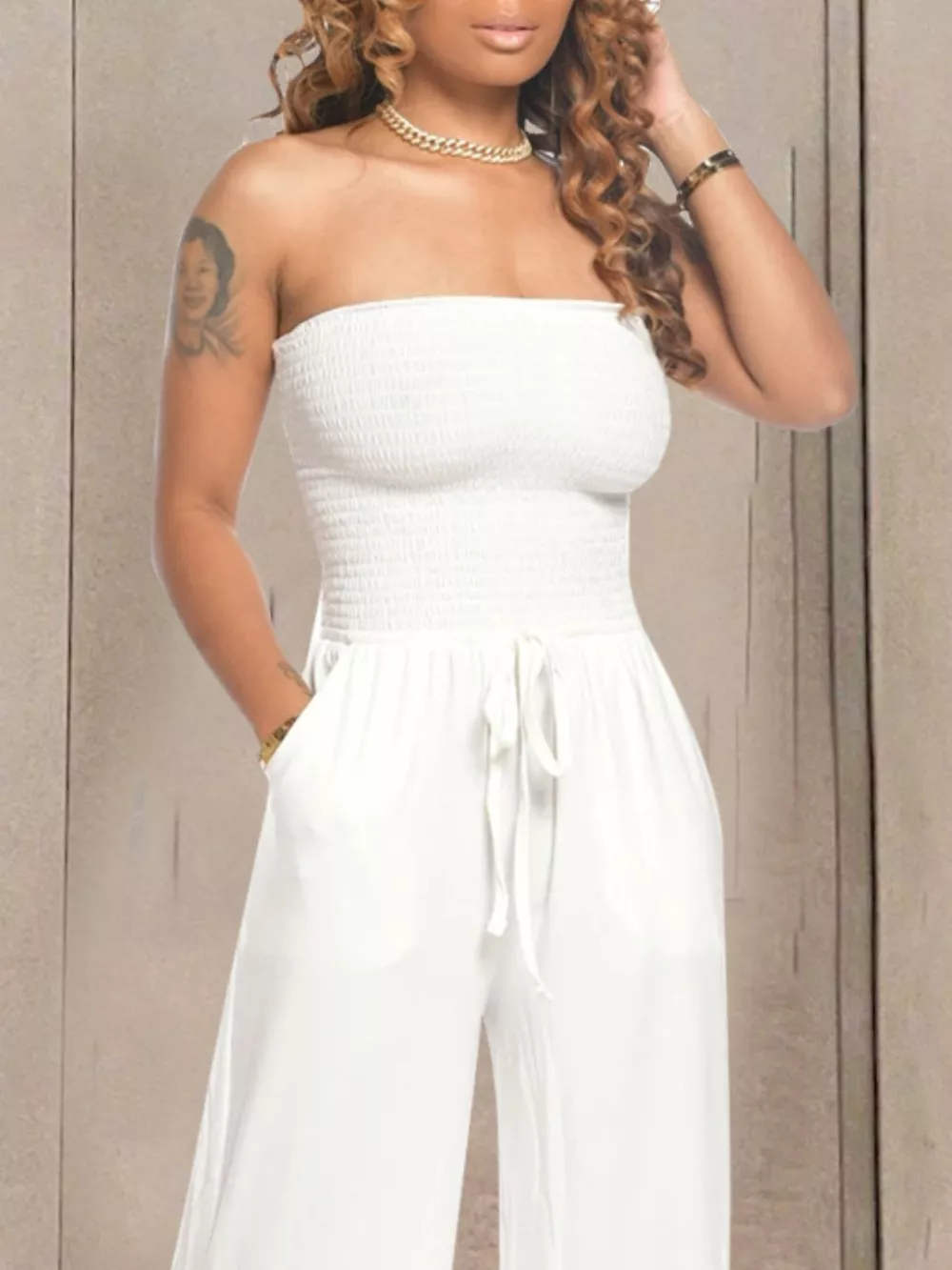 Strapless Smocked Wide-Leg Jumpsuit, image 5