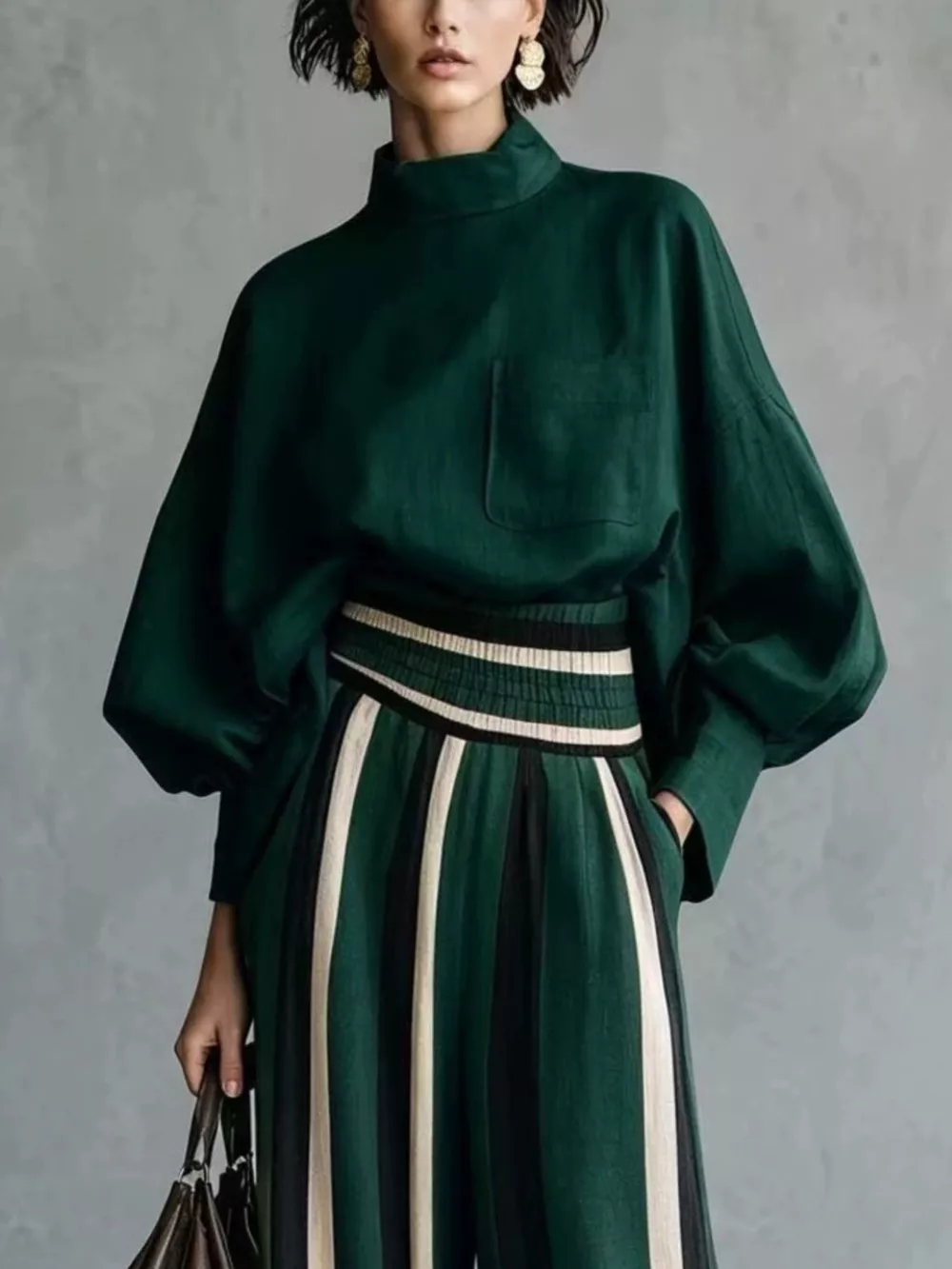 Full Size Mock Neck Top and Striped Wide-Leg Pants Set Plus Size, image 11