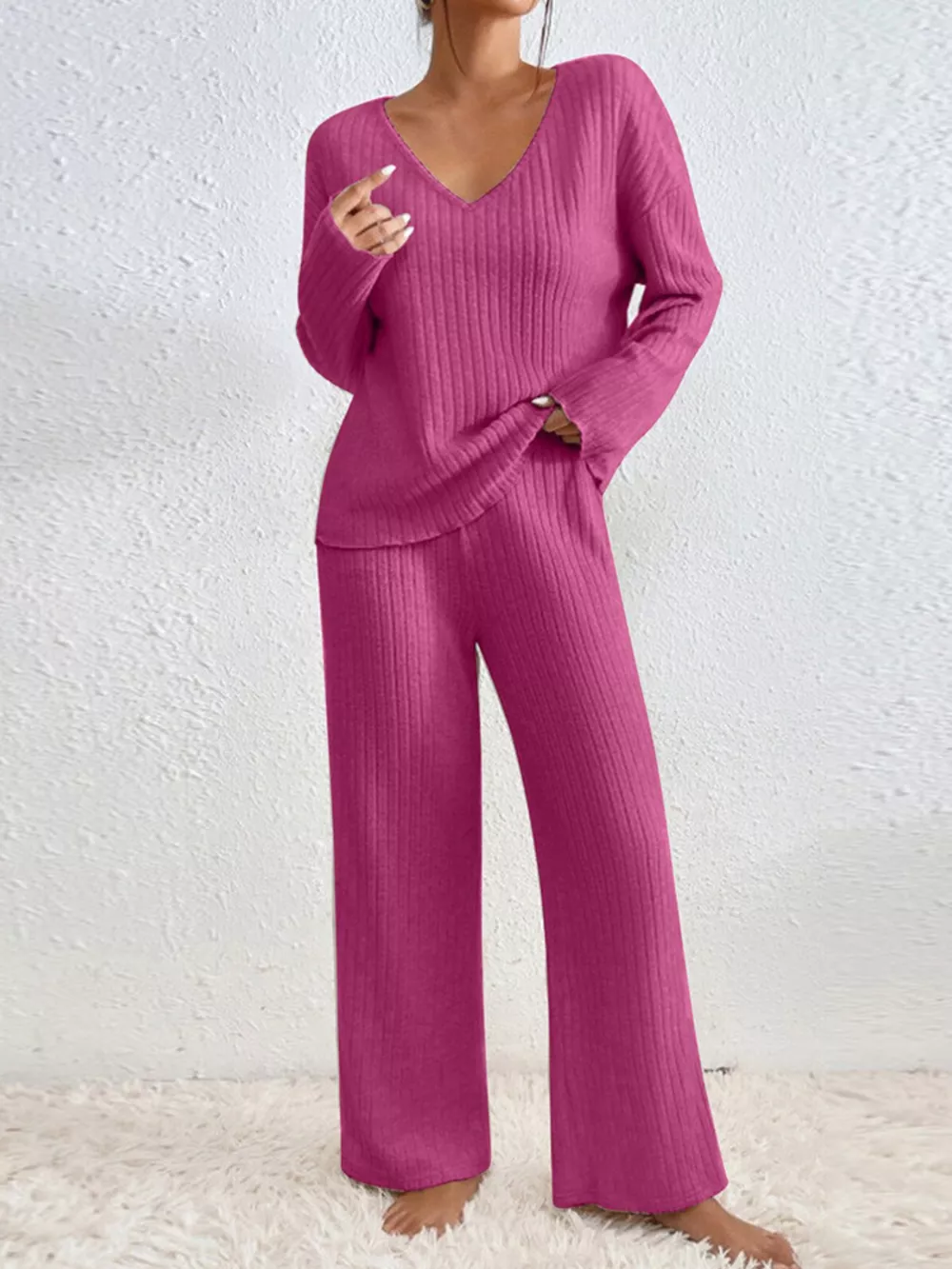 Ribbed Knit V-Neck Top and Pants Set, image 4