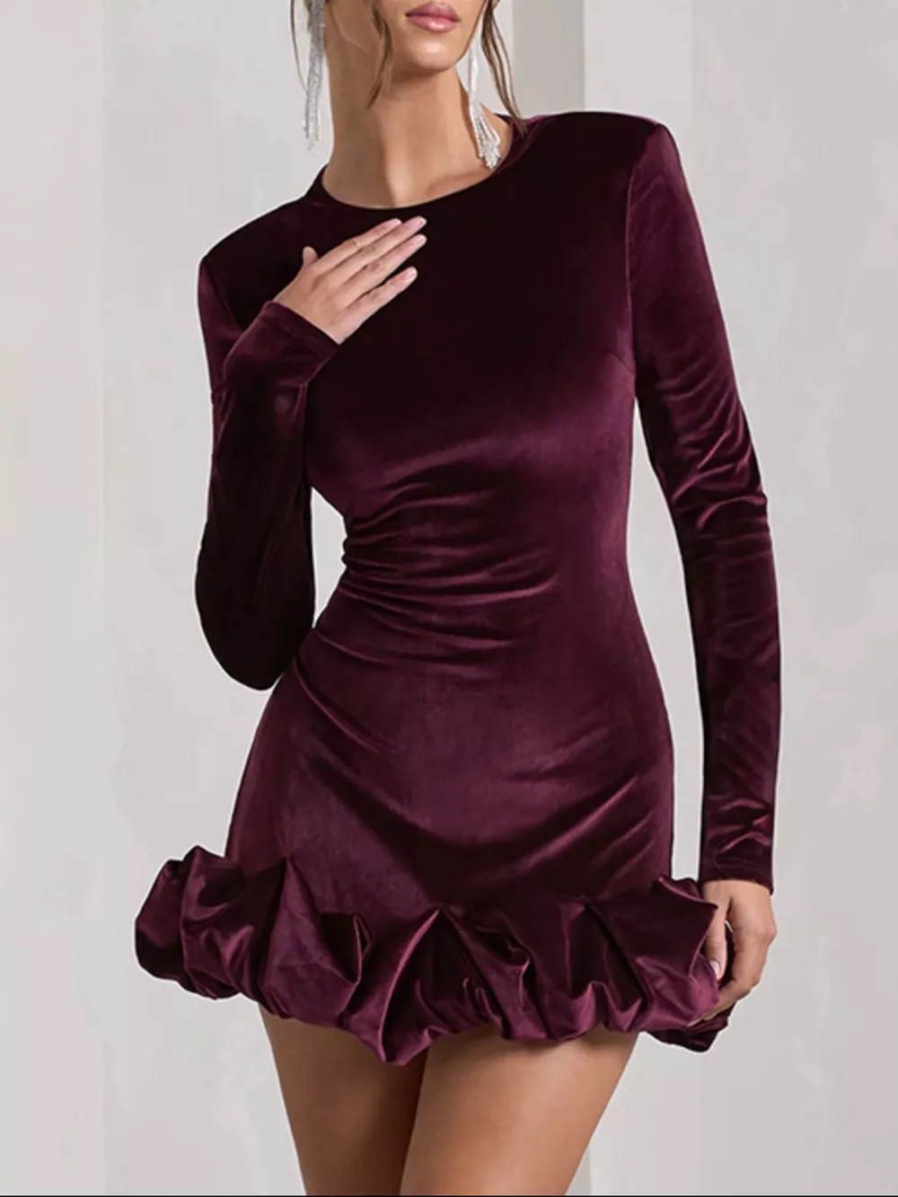 Velvet Ruched Hem Long Sleeve Dress, image 5