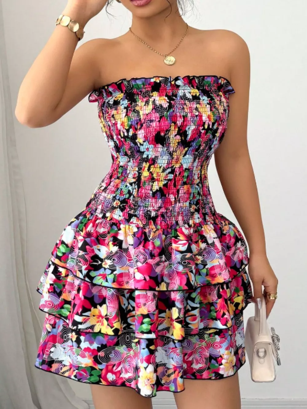 Strapless Smocked Floral Tiered Mini Dress, image 4
