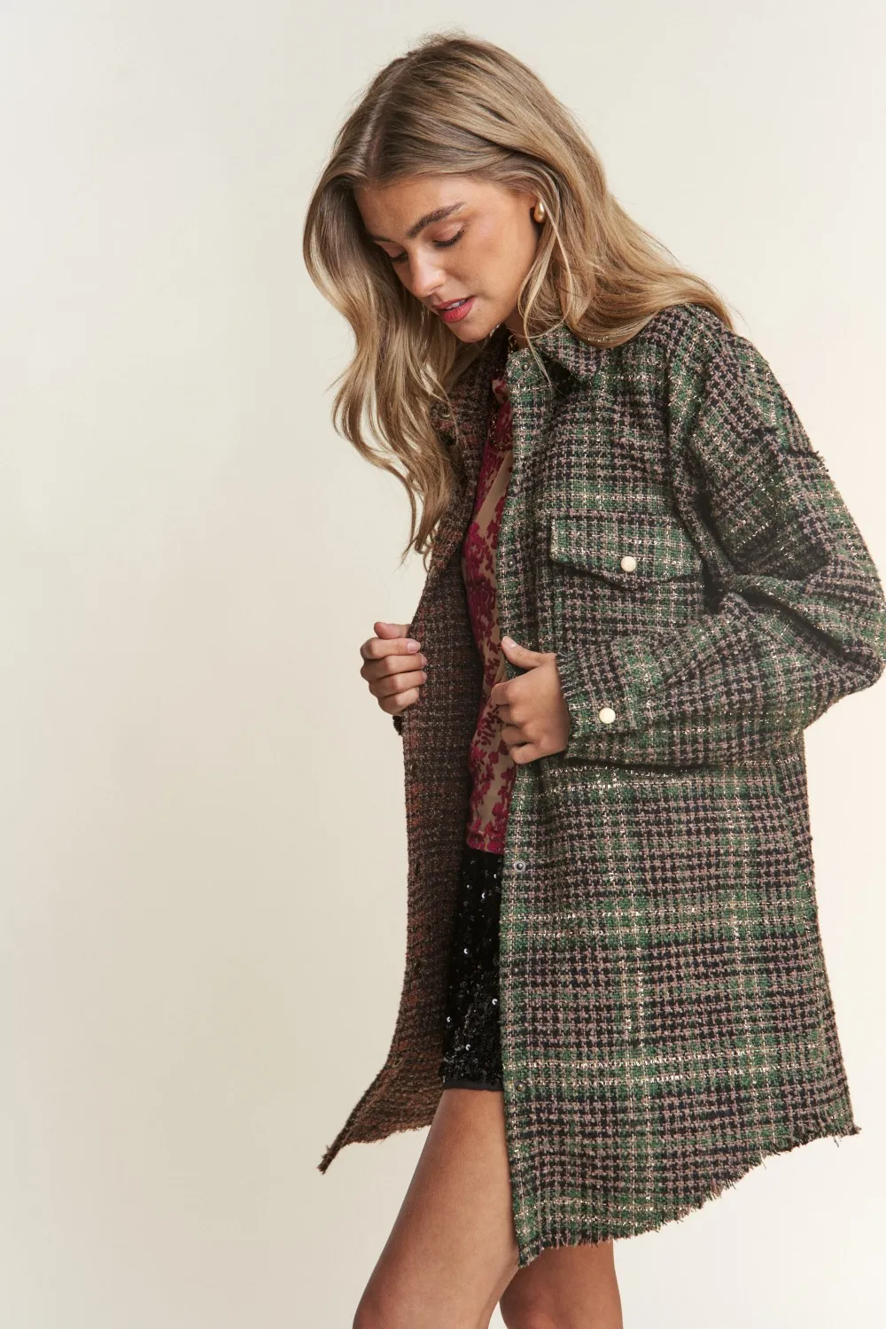 Snap Down Tweed Plaid Contrast Longline Shacket, image 3