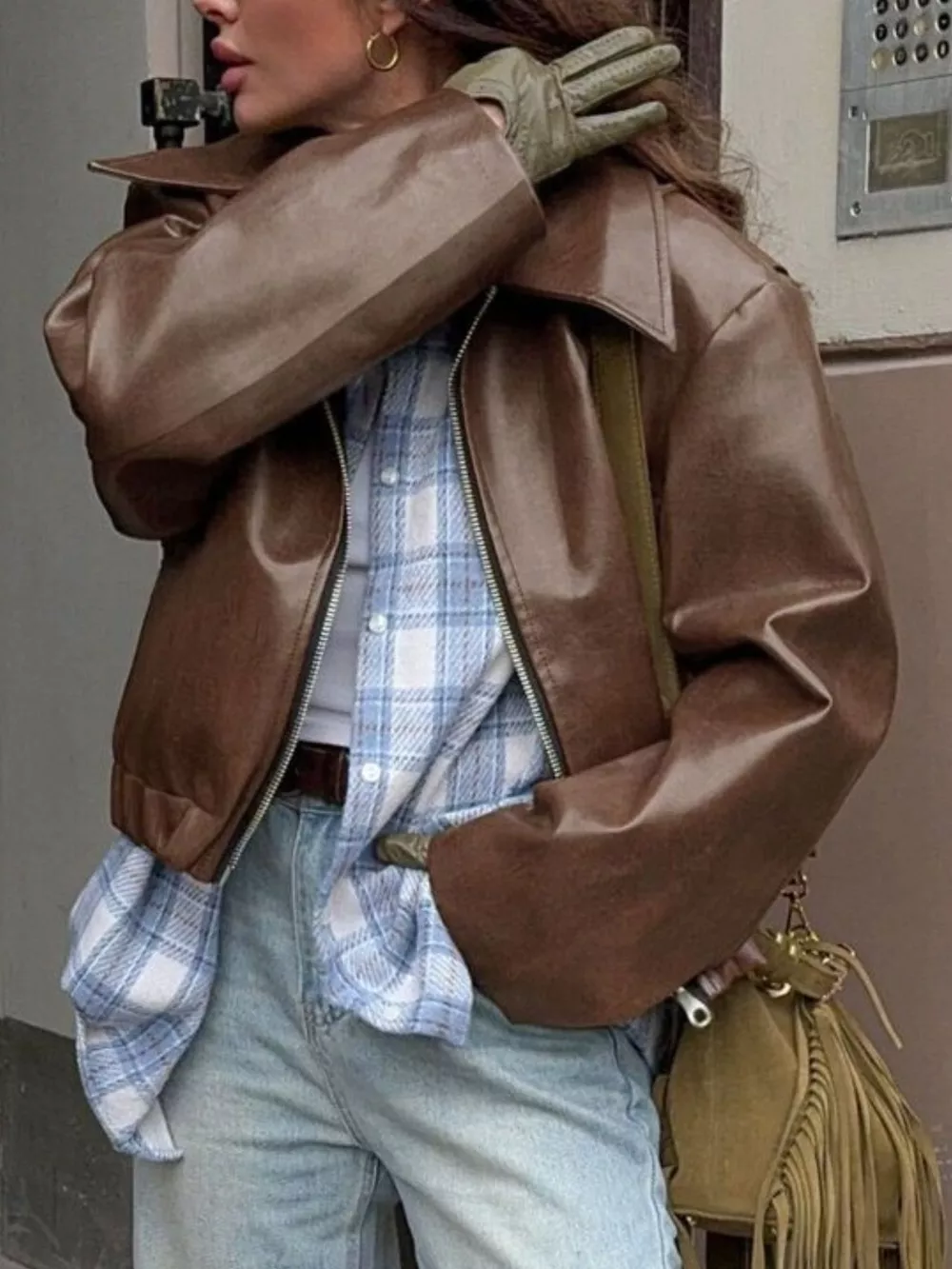 Faux Leather Zip Up Jacket, image 4