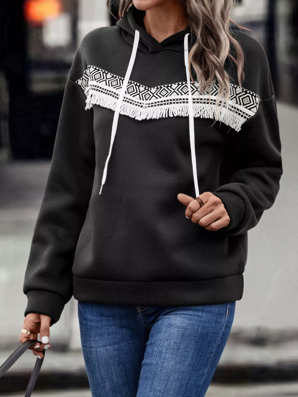 Fringe Detail Long Sleeve Drawstring Hoodie, image 8