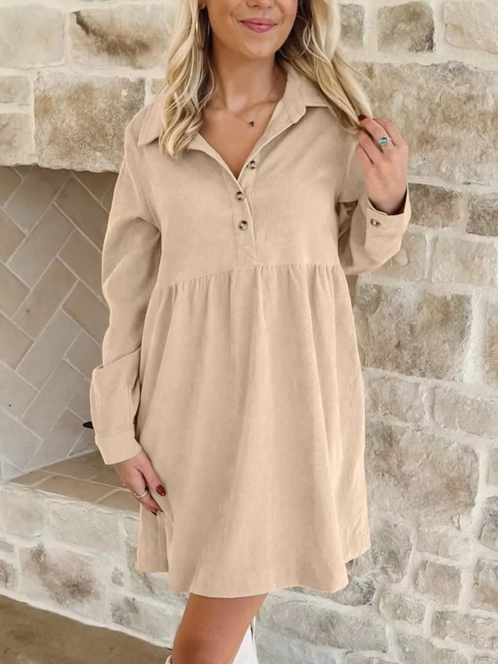 Corduroy Half Button Collared Long Sleeve Mini Dress, image 3