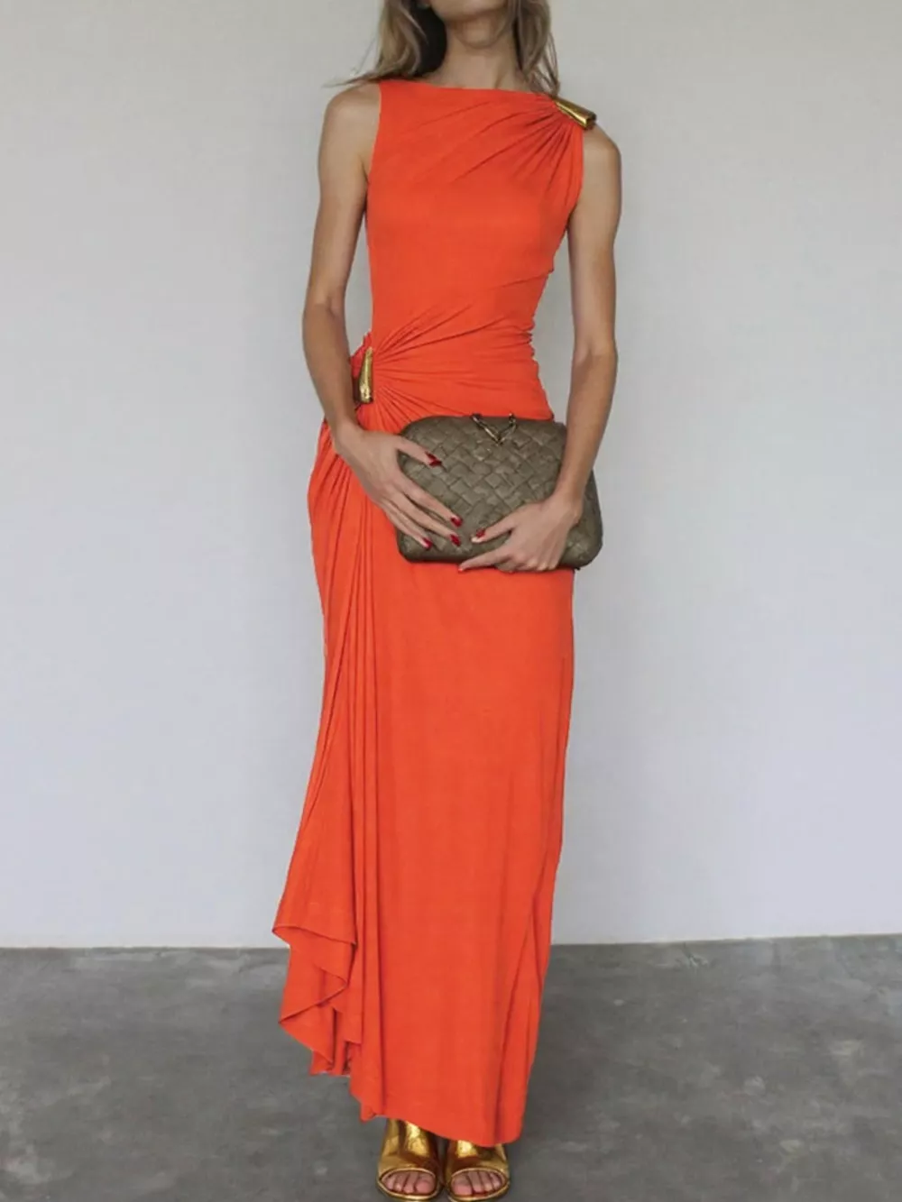 Draped Sleeveless Bodycon Maxi Dress with Metal Decorative, image 9