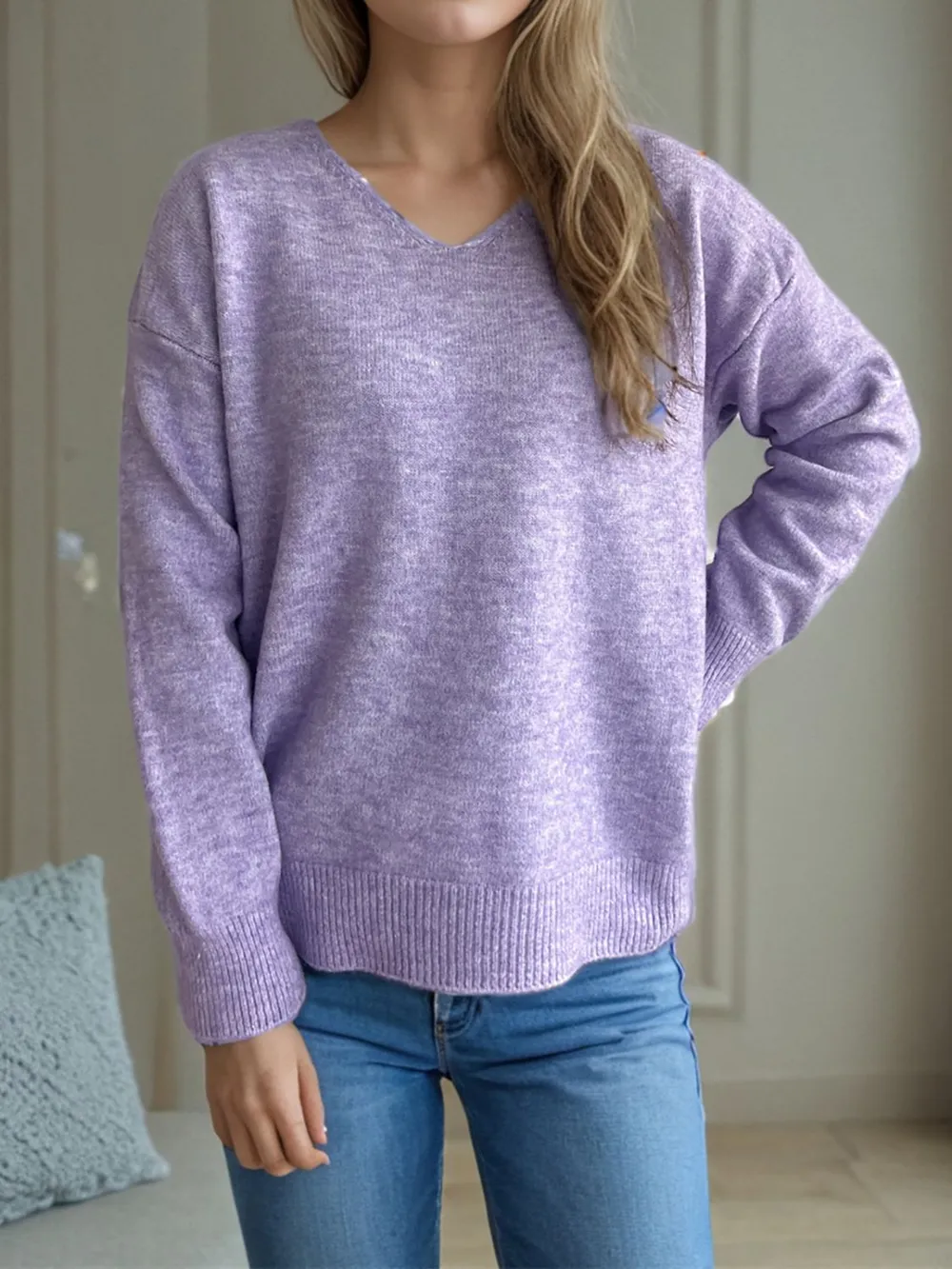 V-Neck Dropped Shoulder Long Sleeve Sweater, image 20