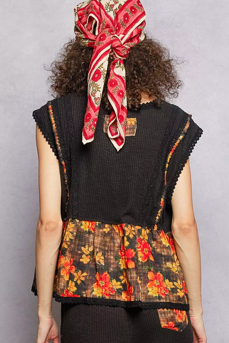 Lace Detail Floral Cropped Ruffled Top, image 4