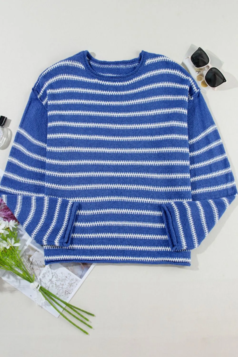 Striped Round Neck Dropped Shoulder Sweater, image 7
