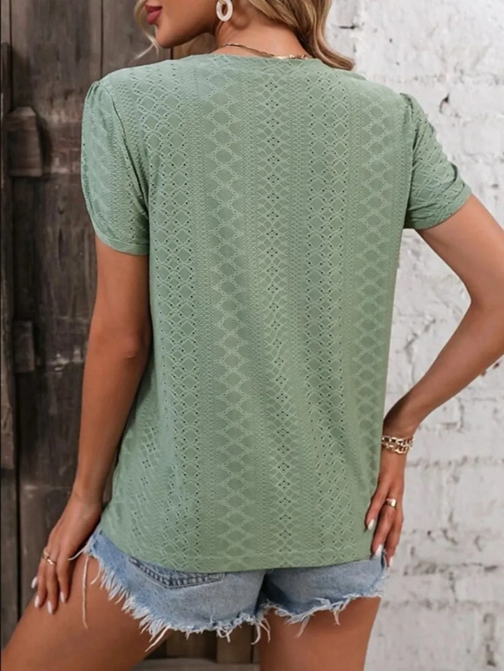 Eyelet V-Neck Petal Sleeve T-Shirt, image 9