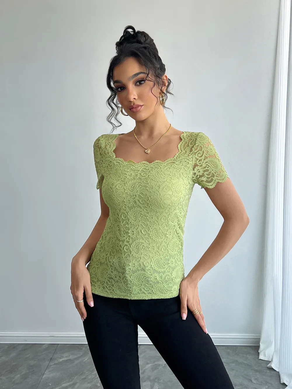 Floral Lace Square Neck T-Shirt, image 7