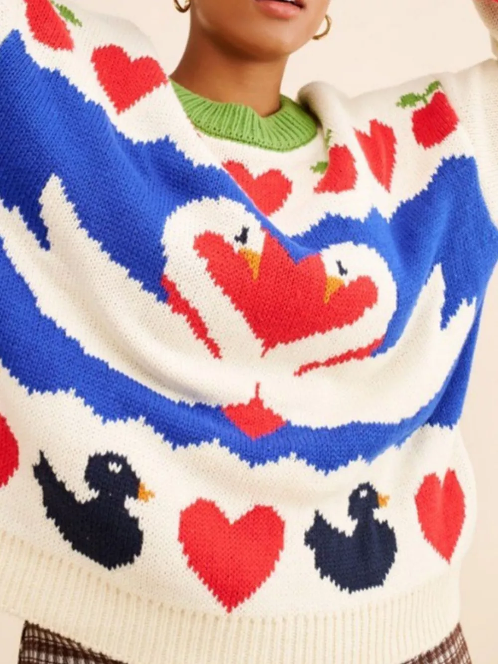 Swan Heart Pattern Round Neck Sweater, image 5