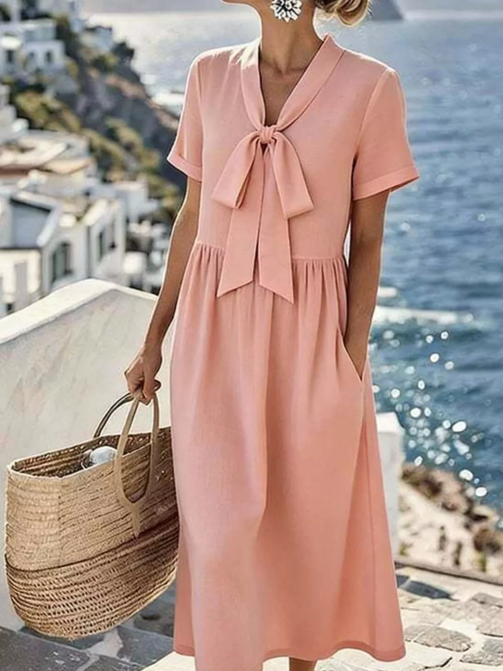Bow-Tie Short Sleeve Midi Dress, image 5