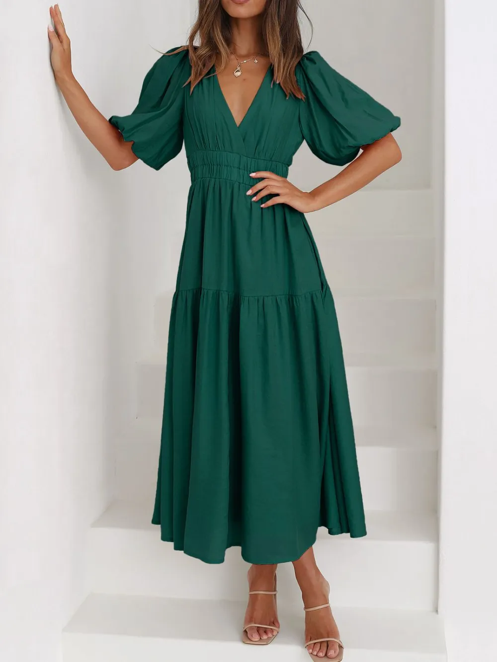 V-Neck Puff Sleeve Midi Dress, image 13