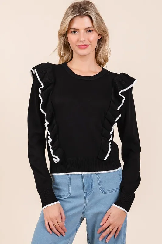 Contrast Trim Ruffled Round Neck Knit Top