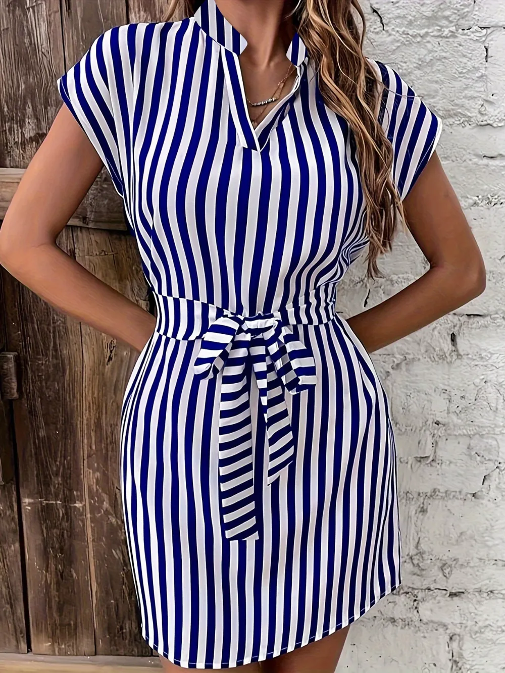 Tied Striped Cap Sleeve Mini Dress, image 4