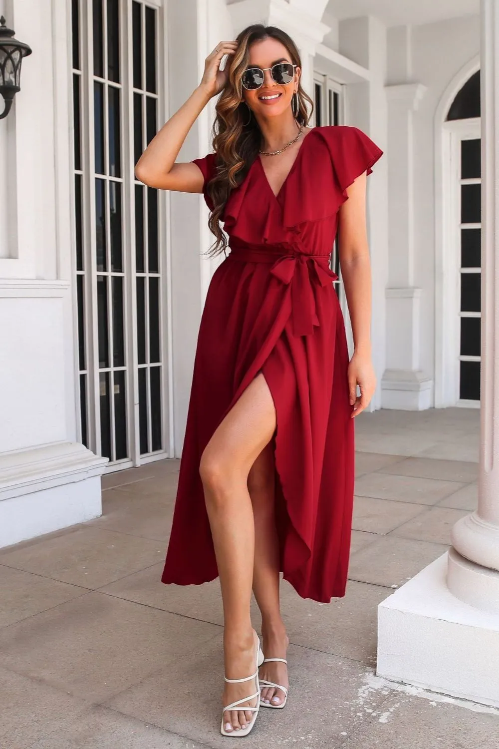 Tied Front Ruffled Short Sleeve Midi Dress, image 22
