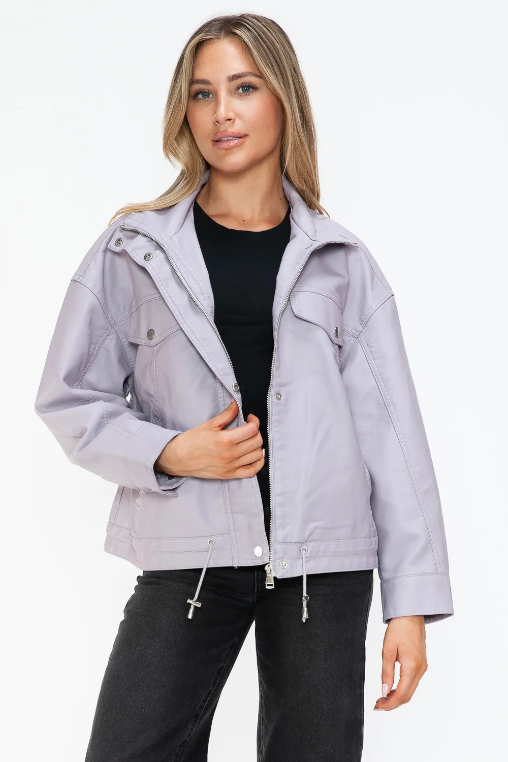Drawstring Hem PU Leather Zip Up Jacket, image 16