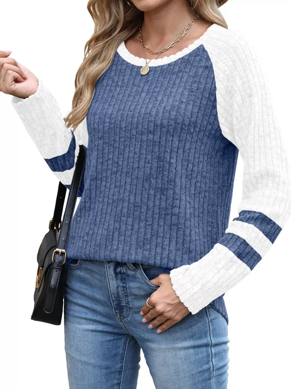 Ribbed Knit Raglan Long Sleeve T-Shirt, image 9