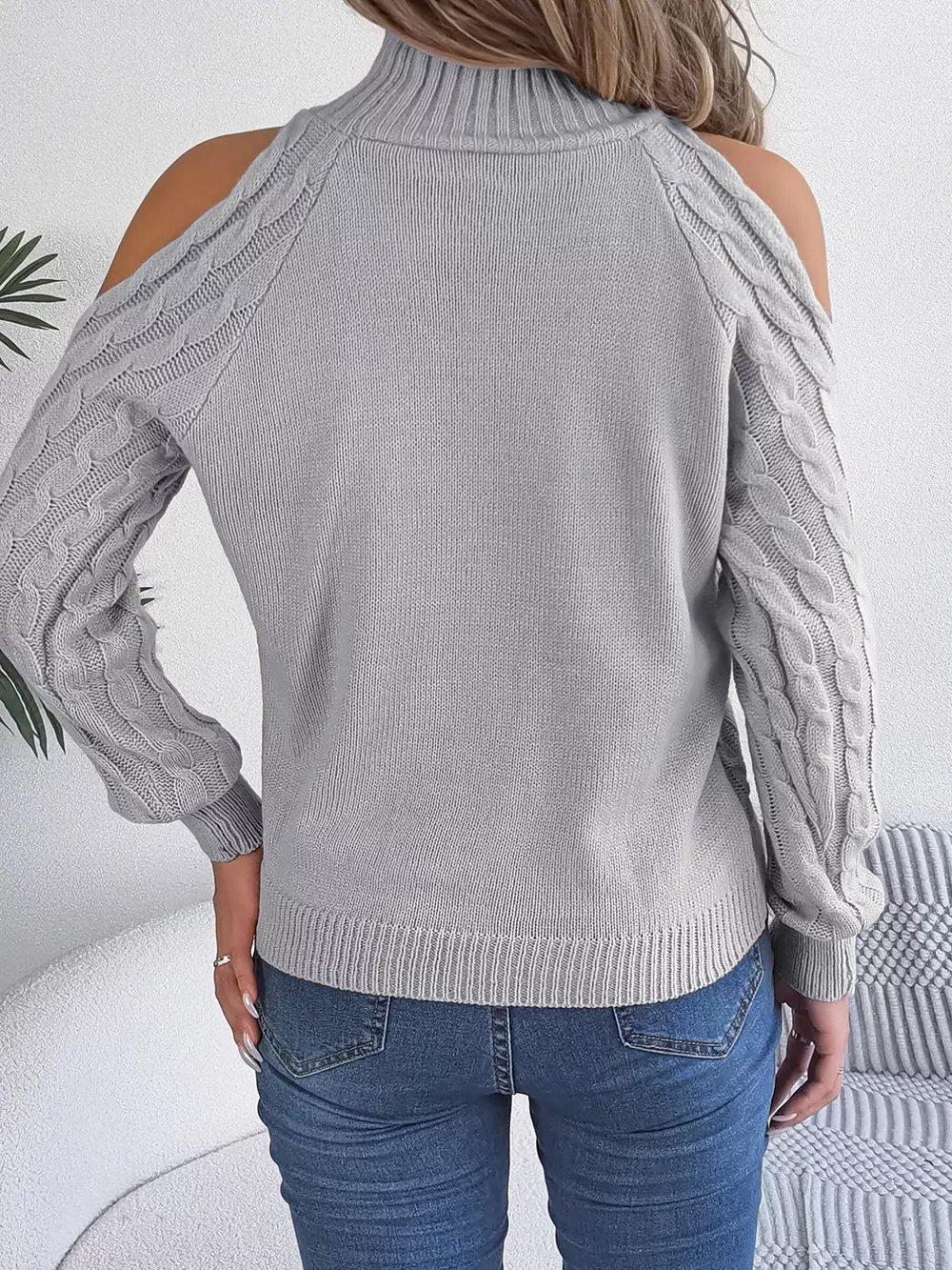Cable Knit Cold Shoulder Turtleneck Sweater, image 21