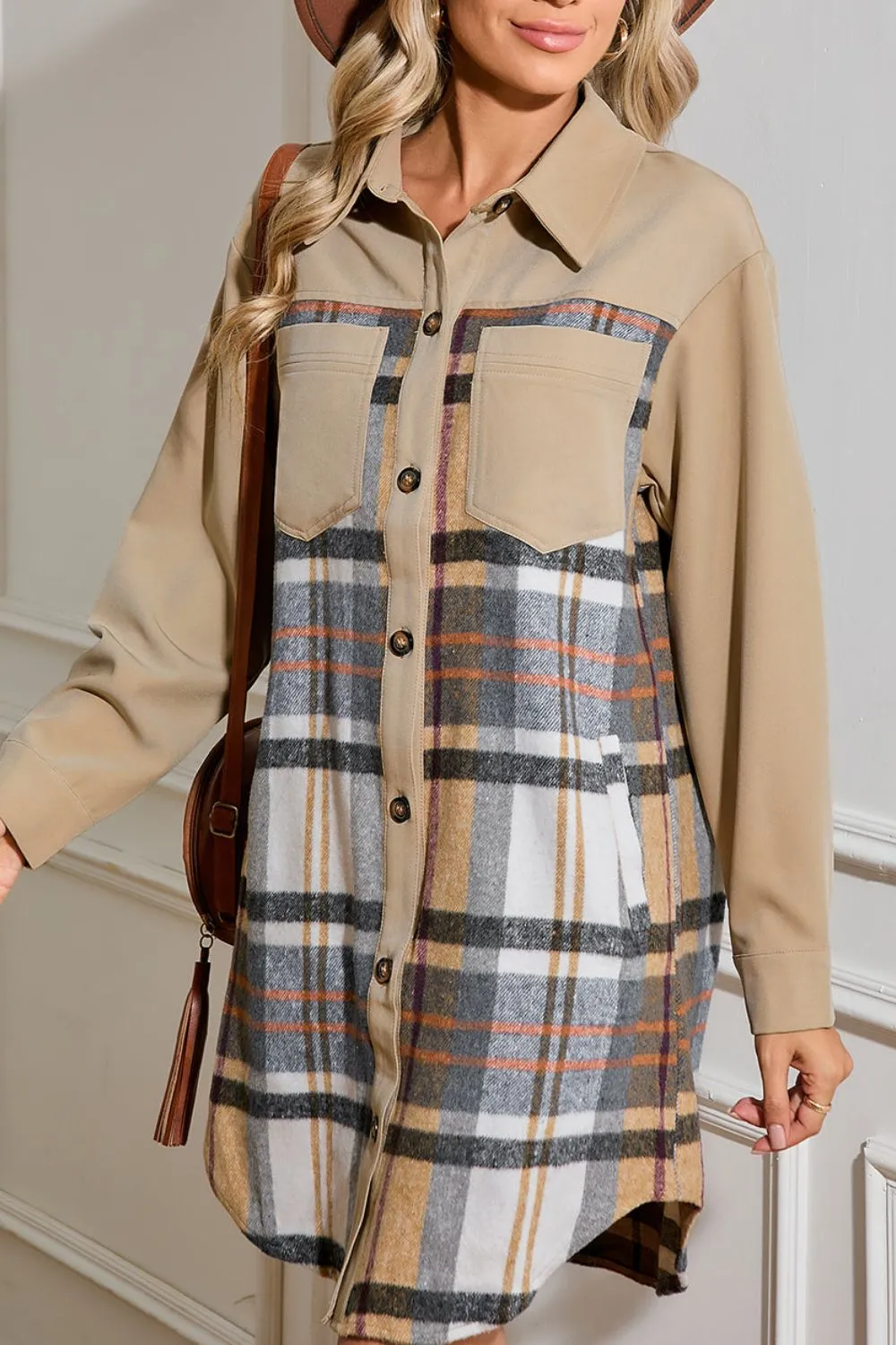 Pocketed Plaid Long Sleeve Mini Shirt Dress, image 9