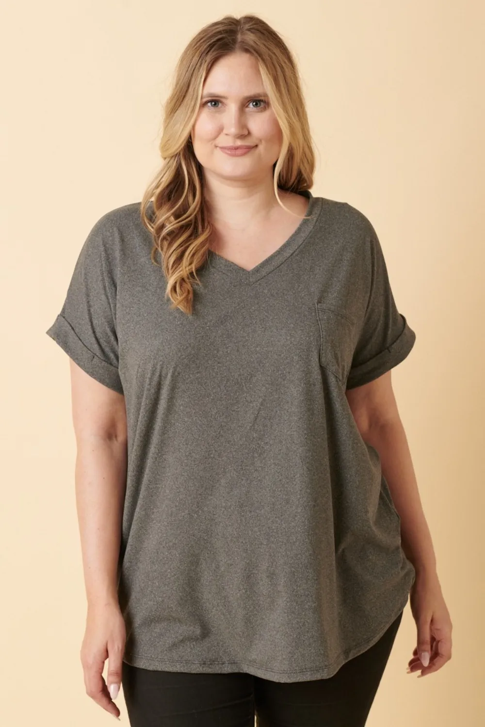 Full Size V-Neck Rolled Short Sleeve T-Shirt, image 2