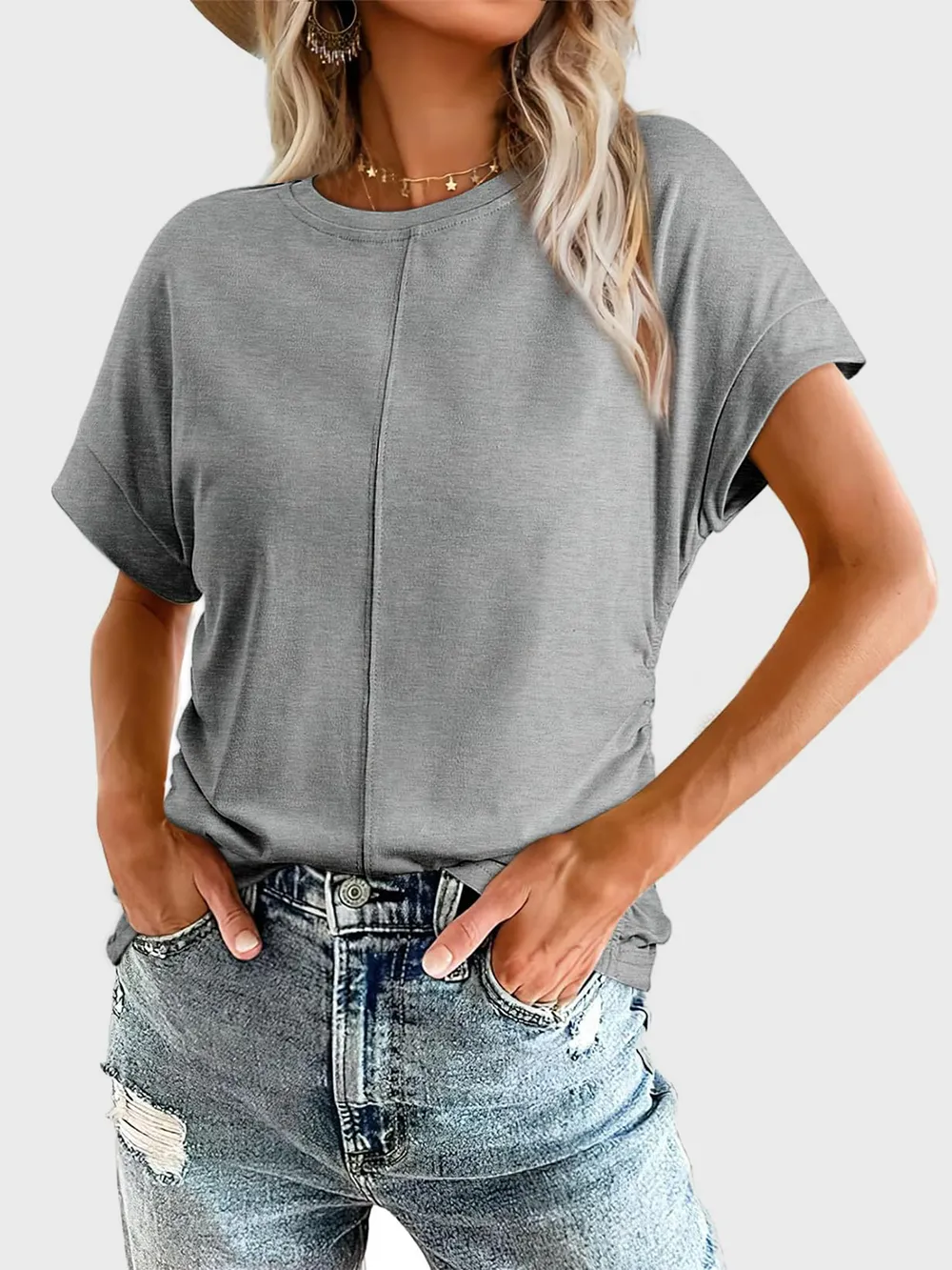 Ruched Round Neck Short Sleeve T-Shirt, image 8