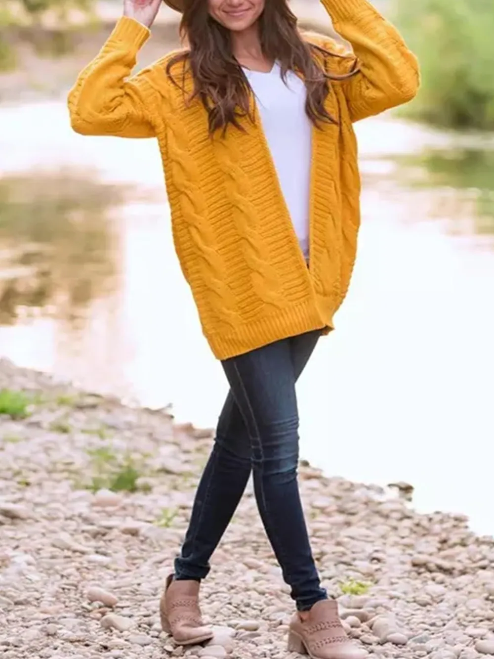 Cable-Knit Open Front Long Sleeve Cardigan, image 5