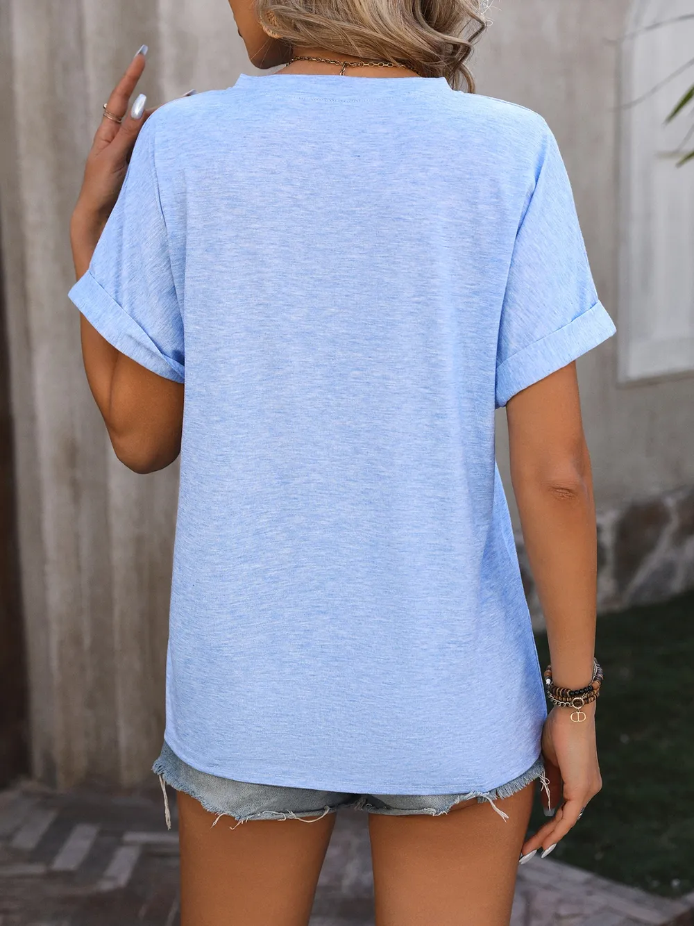 Notched Buttoned Short Sleeve T-Shirt, image 3