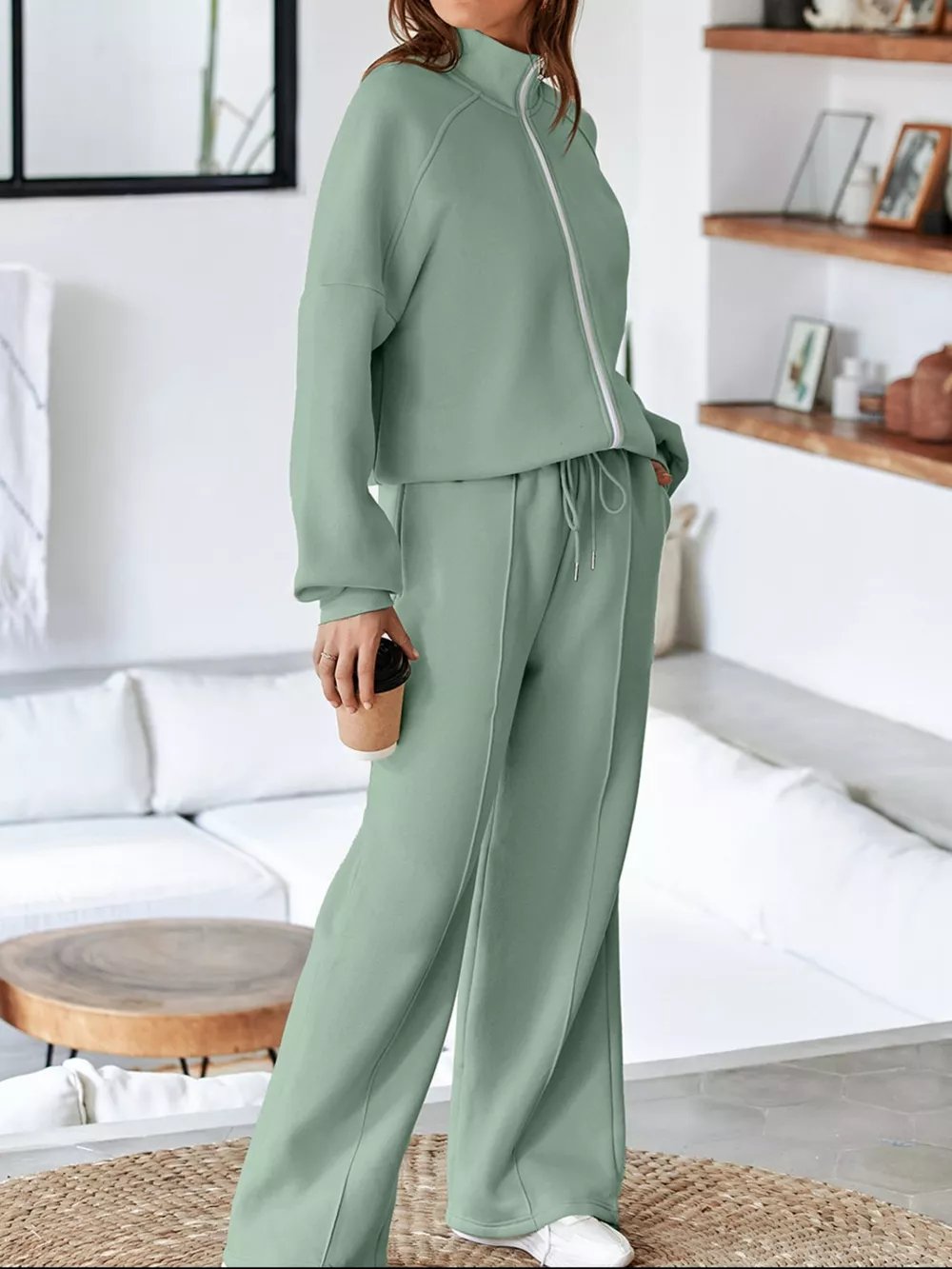Drop Shoulder Zip Up Jacket and Drawstring Pants Active 2pcs Set, image 5