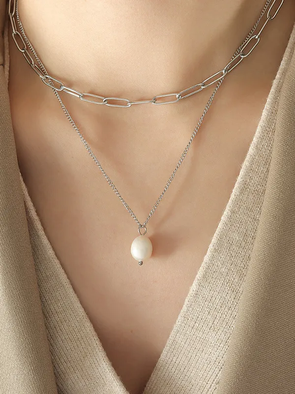 Freshwater Pearl Titanium Steel Double-Layered Necklace, image 5