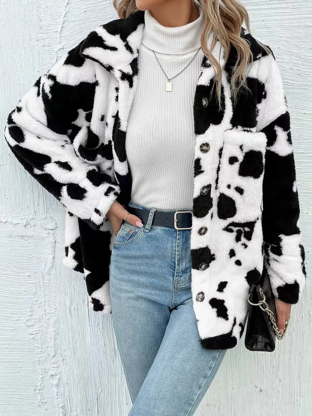 Cow Print Collared Neck Button Up Fuzzy Jacket, image 2