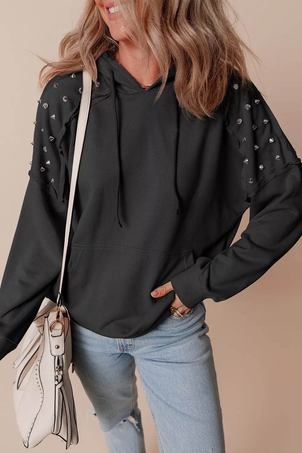 Drawstring Studded Long Sleeve Hoodie, image 2