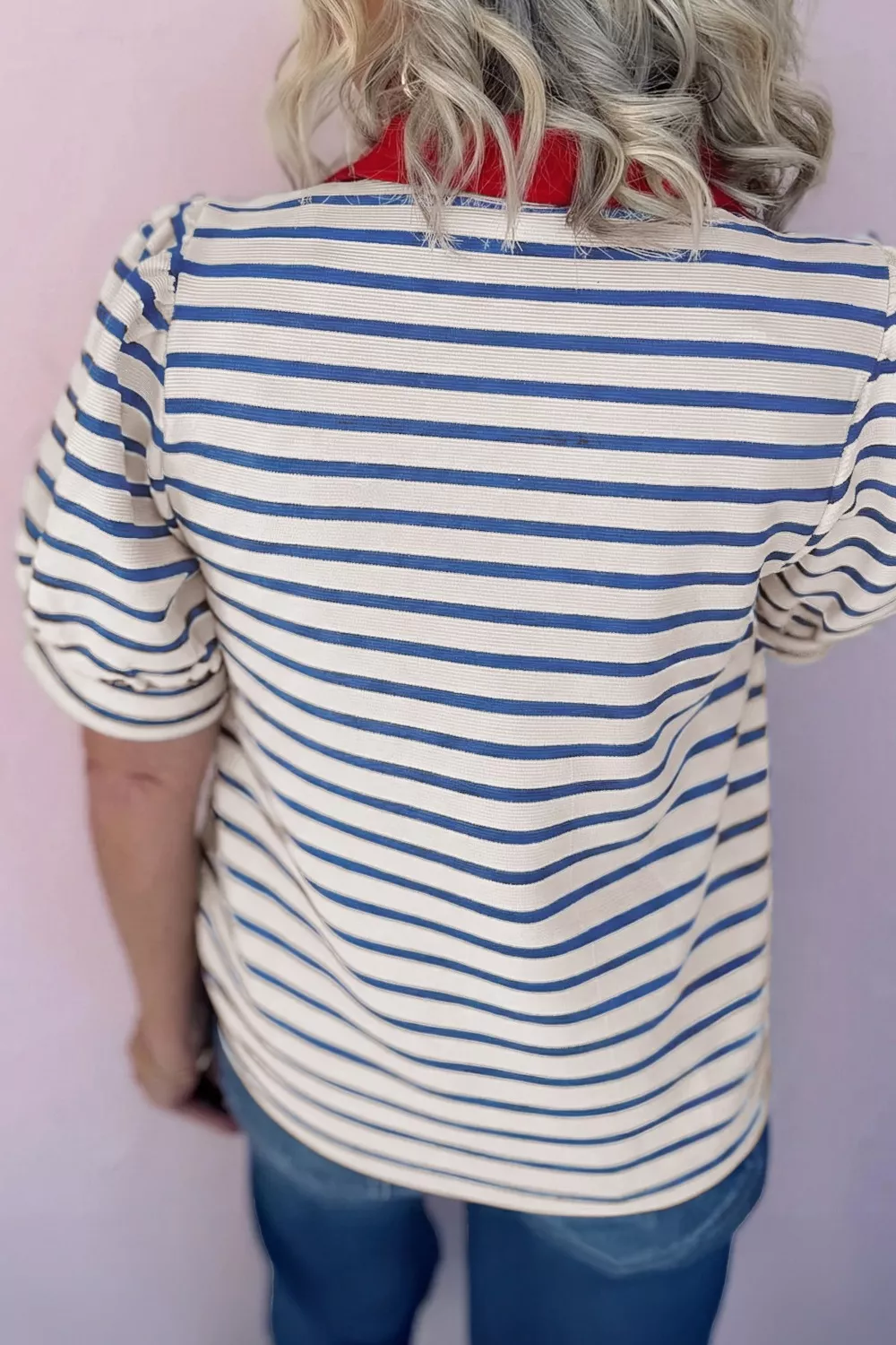 Striped Collared Neck Short Sleeve Blouse, image 2