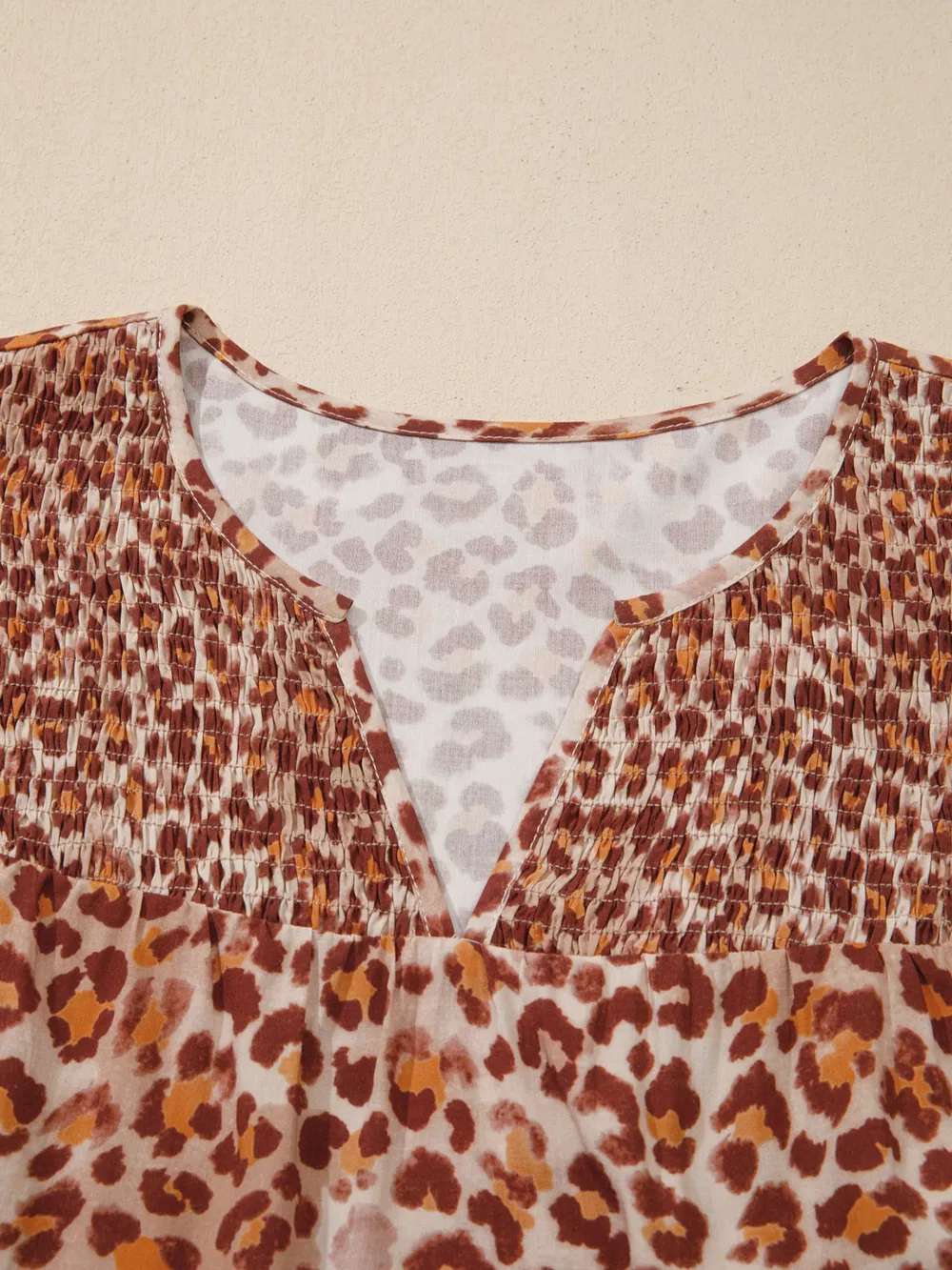 Leopard Print Smocked Notched Blouse, image 4