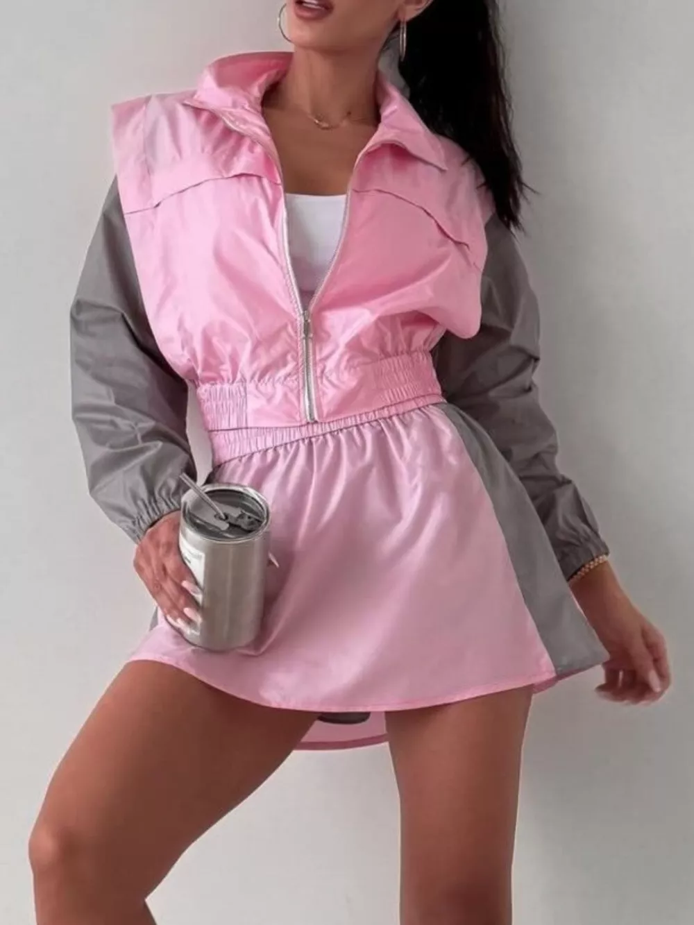 Color Block Outerwear and Skirt Set