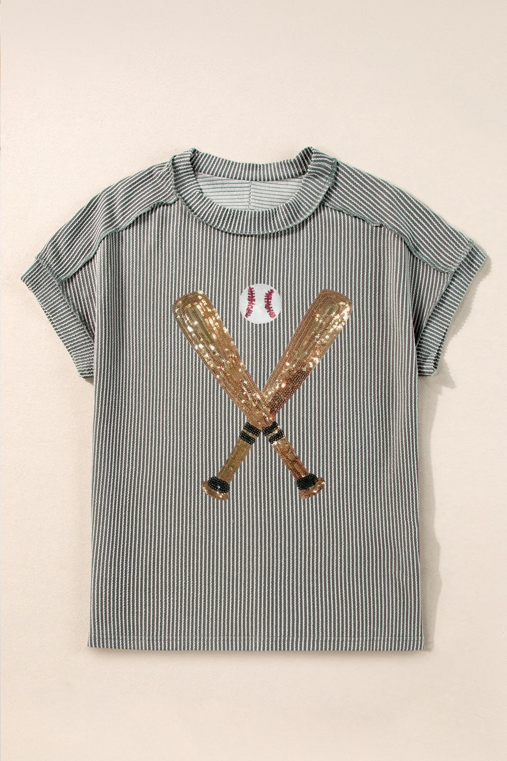 Sequin Baseball Round Neck Short Sleeve T-Shirt, image 3