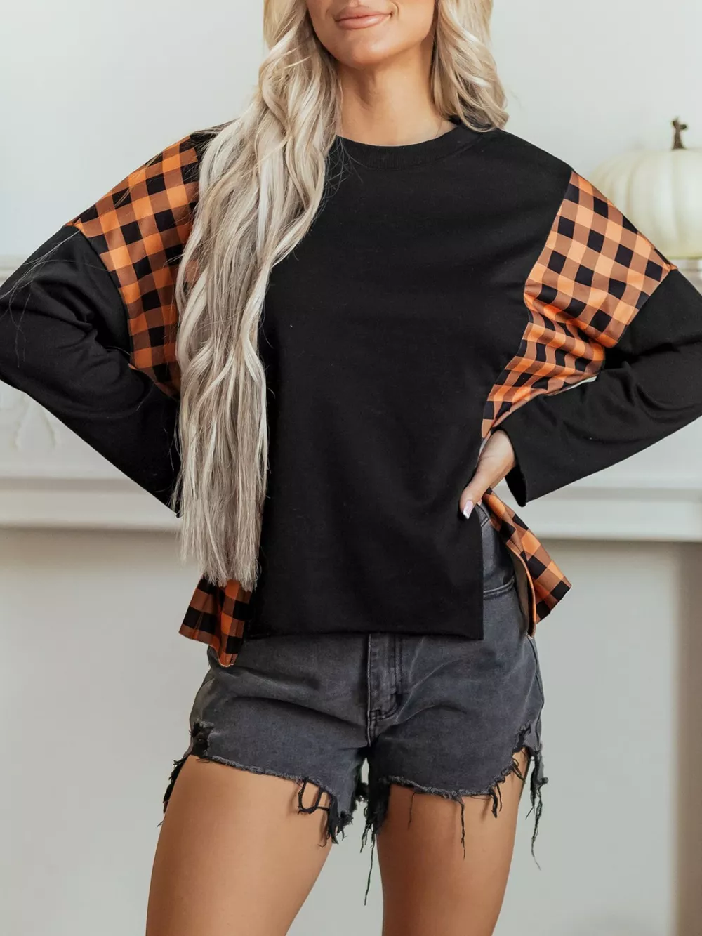 Patchwork Plaid Pumpkin Face Long Sleeve Top, image 2