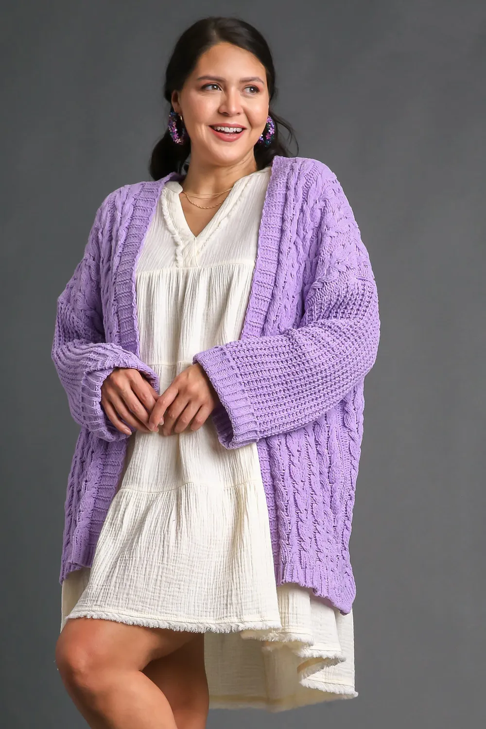 Full Size Cable Knit Open Front Long Sleeve Cardigan, image 3