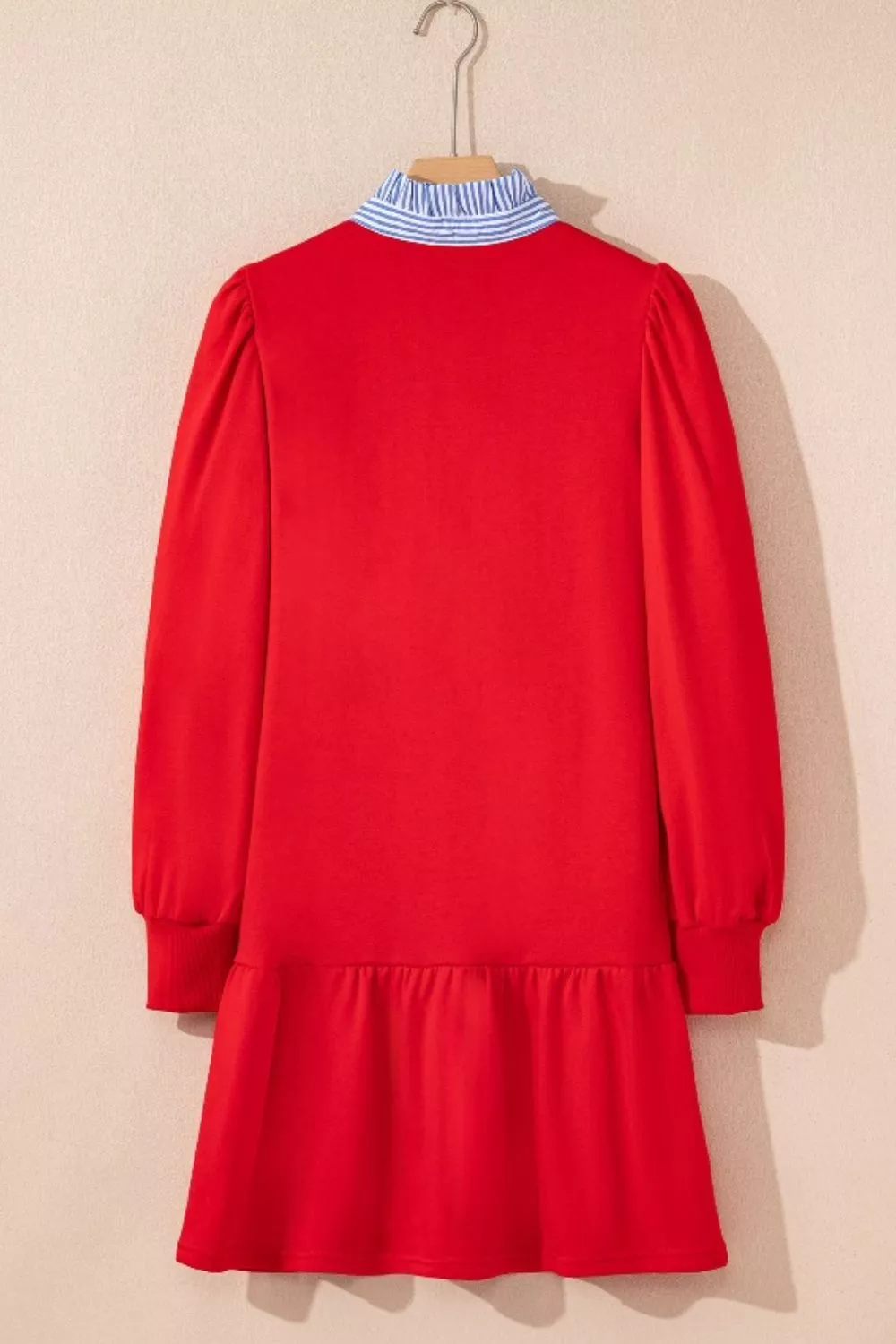 Contrast Striped Collar Patchwork Puff Sleeve Ruffle Hem Mini Dress, image 3