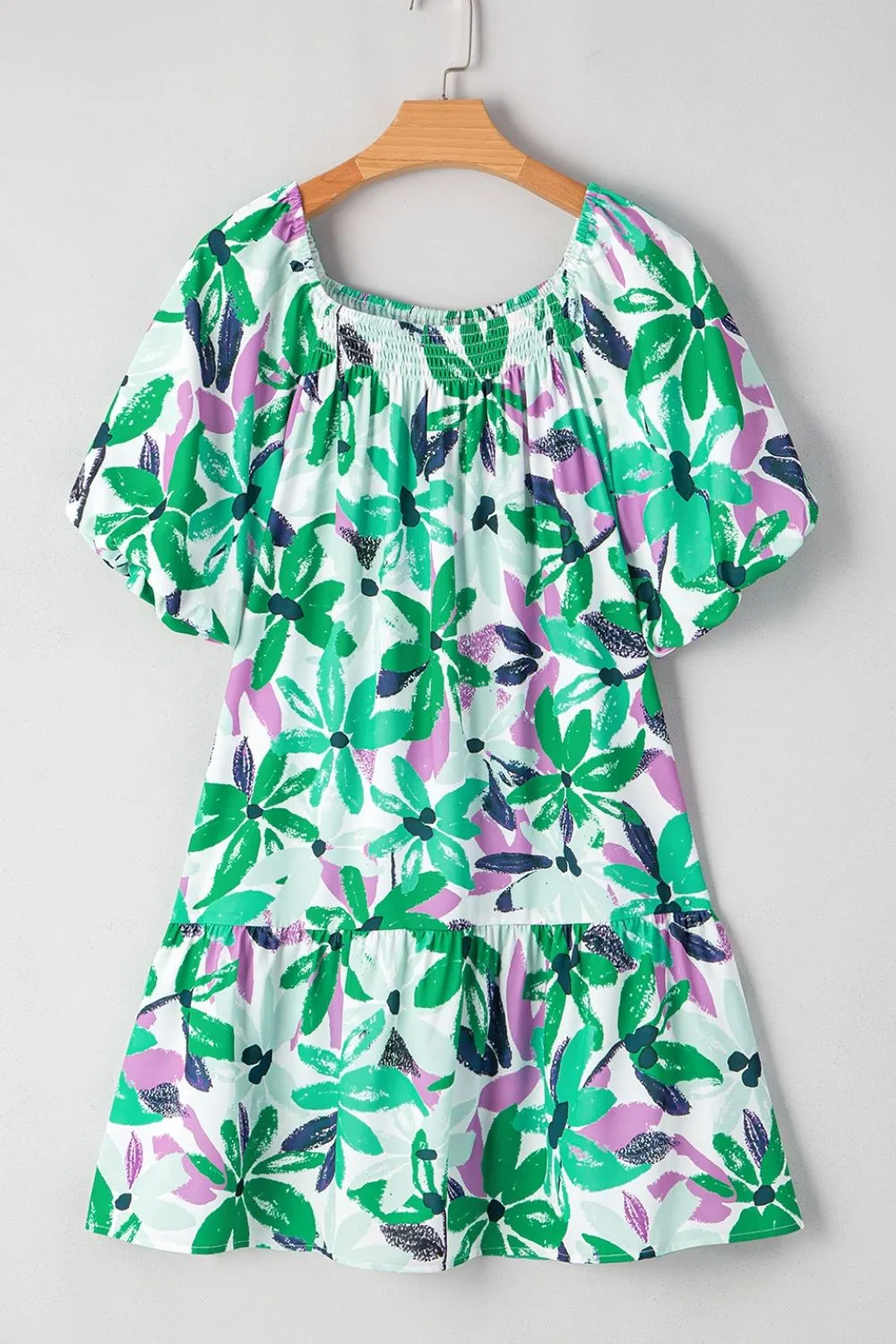 Floral Print Shirred Square Neck Loose Fit Mini Dress, image 7
