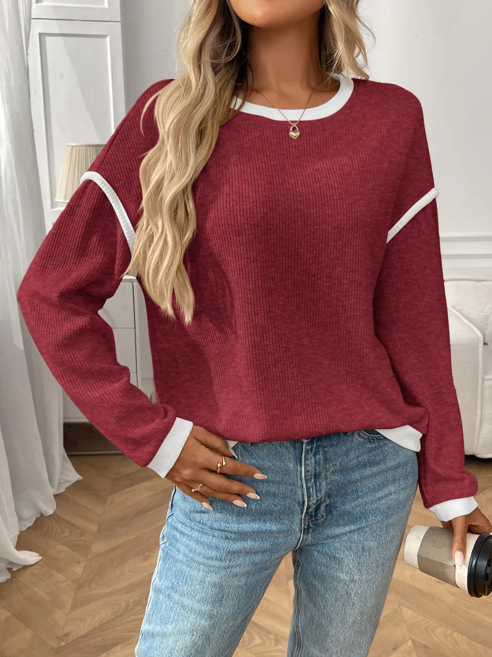 Ribbed Contrast Trim Long Sleeve Top, image 16