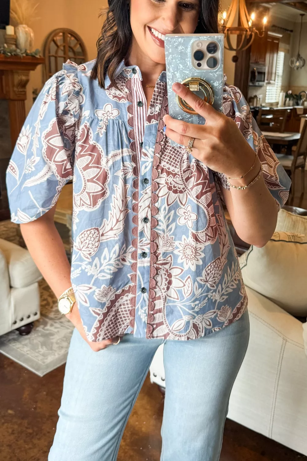Floral Print Scalloped Trim Button Down Short Sleeve Shirt, image 4