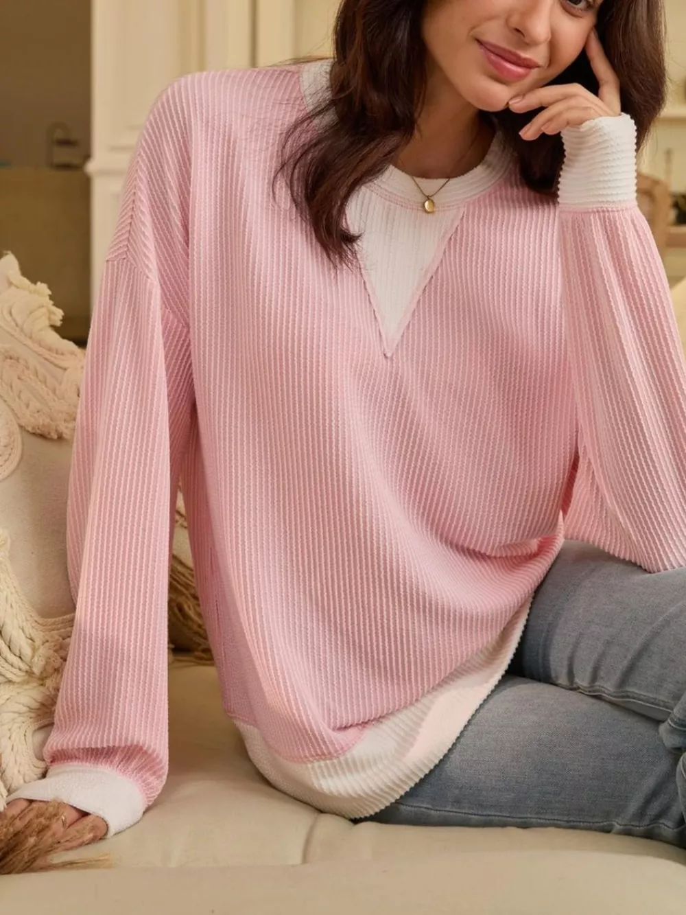 Two-Tone Ribbed Knit Sweatshirt, image 6