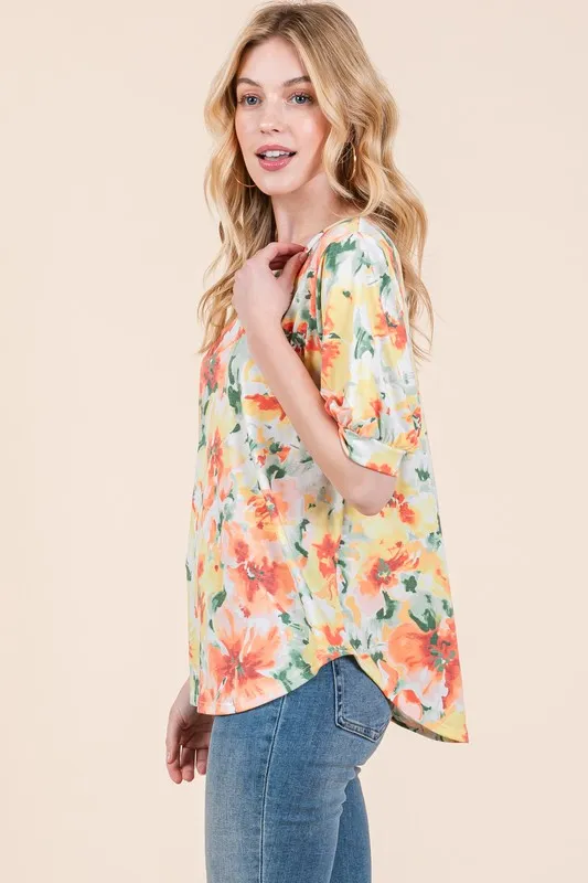 Floral Round Neck Puff Sleeve Top, image 2