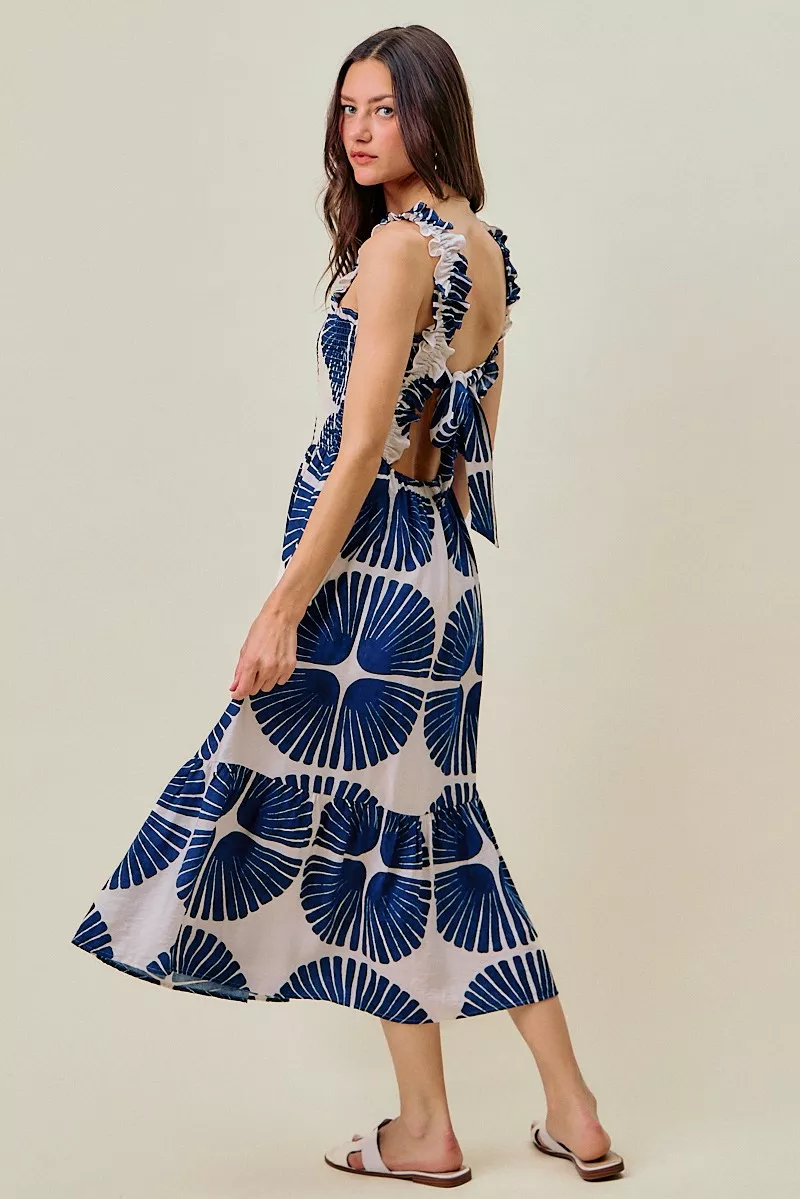 Abstract Print Smocked Bodice Tiered Lined Midi Dress, image 2