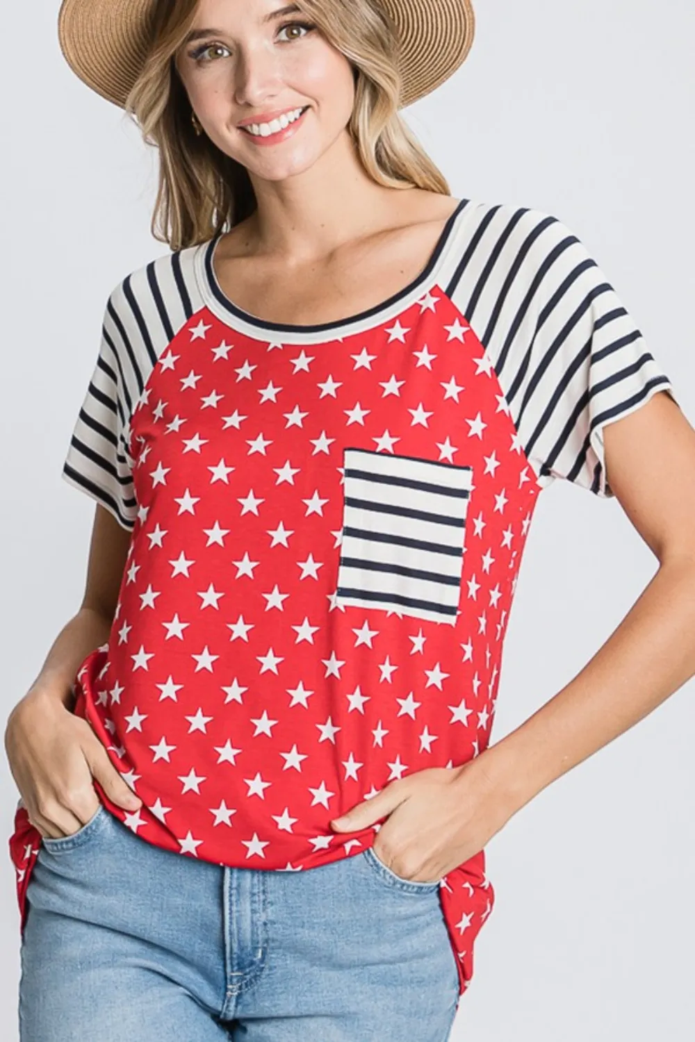 Full Size Star & Striped Round Neck Short Sleeve T-Shirt Plus Size, image 4