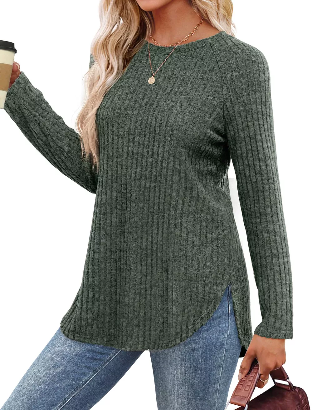 Casual Ribbed Knit Long Sleeve T-Shirt, image 10